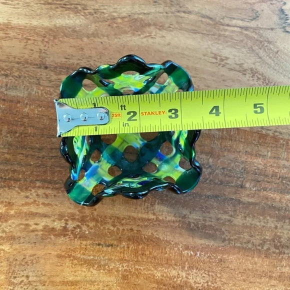 MCM Fused Glass Green Yellow Blue Lattice Style Candle Holder or Trinket Dish - Picture 6 of 15